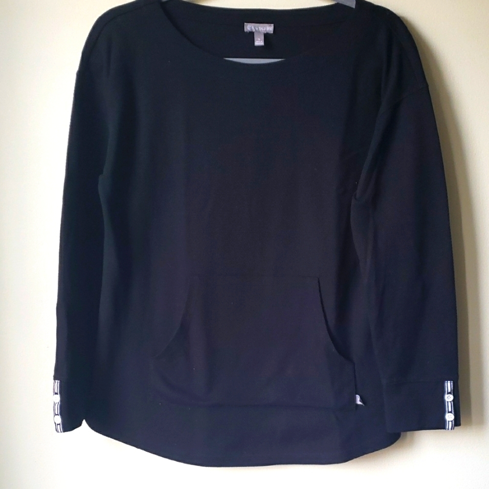 T by Talbots Black Women's LS Athleisure Top with Kanga Pocket S